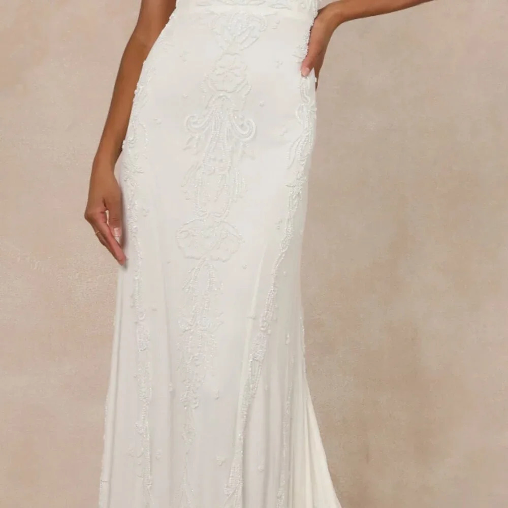 Passionate Romance White Beaded Sequin Mermaid Maxi Dress Lulus Sz #25 #423 - Picture 4 of 6